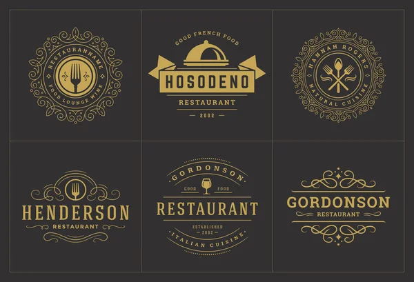 I modelli di loghi del ristorante impostano l'illustrazione vettoriale buona per le etichette dei menu e i badge del caffè — Vettoriale Stock