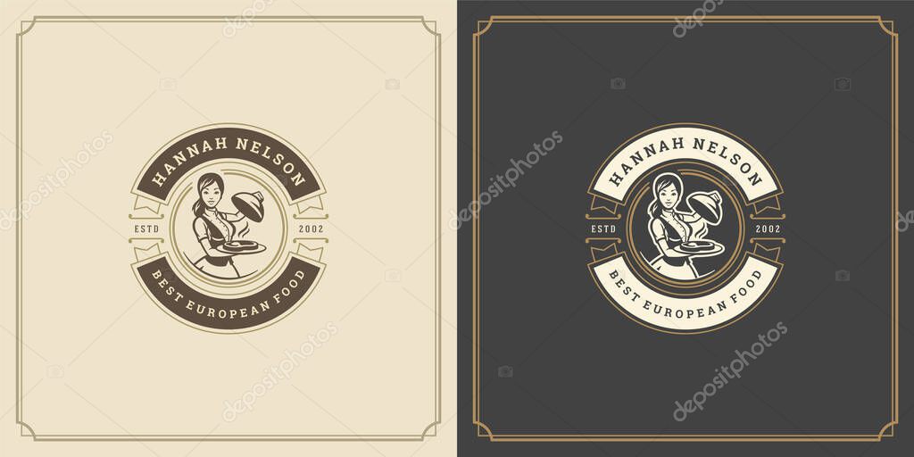 Restaurant logo design vector illustration waitress holding cloche tray silhouette, good for restaurant menu and cafe badge. Vintage typography emblem with decoration and symbols.