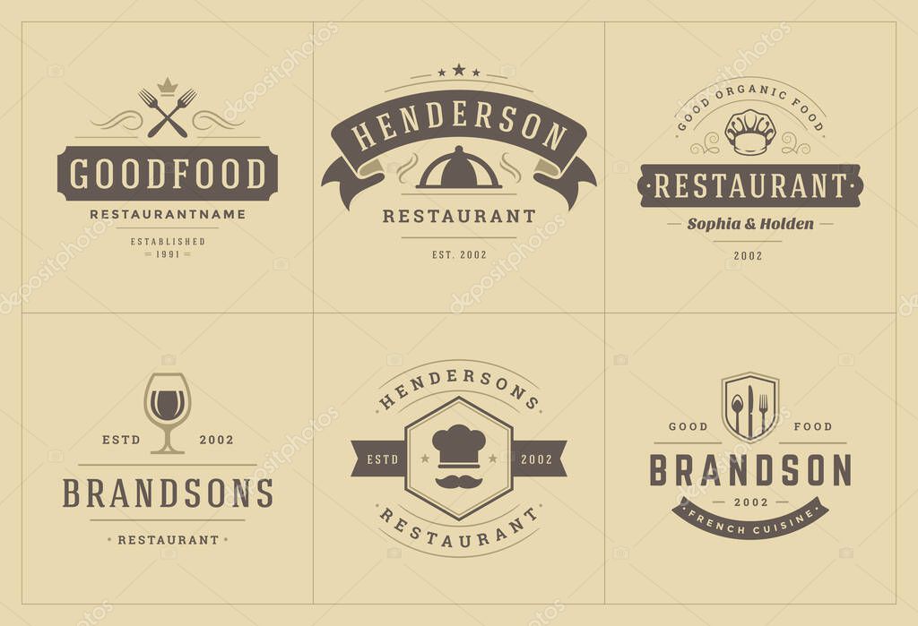 Restaurant logos templates set vector illustration good for menu labels and cafe badges. Vintage typography decoration design elements and symbols.