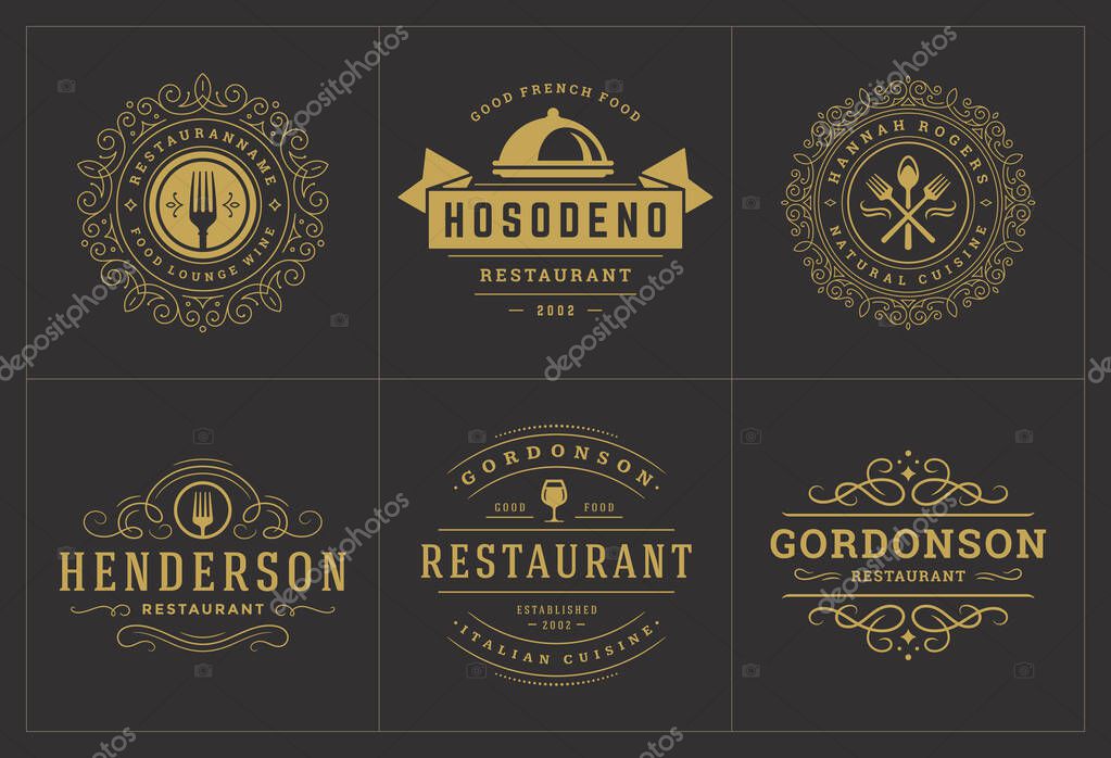 Restaurant logos templates set vector illustration good for menu labels and cafe badges. Vintage typography decoration design elements and symbols.