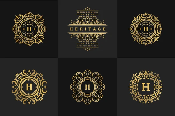 Logotipos de lujo y plantillas de diseño de cresta monogramas set vector ilustración — Archivo Imágenes Vectoriales