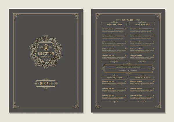 Modelo de design de menu com capa e restaurante folheto vetor logotipo vintage. — Vetor de Stock