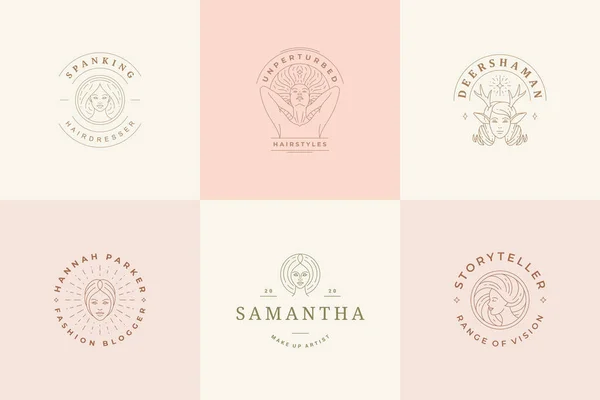 Logotipos femeninos emblemas plantillas de diseño conjunto con retratos de mujer celeste vector ilustraciones estilo lineal mínimo. — Vector de stock