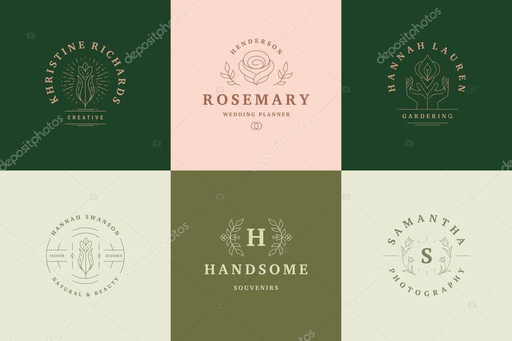 Botanical logos emblems design templates set with blossom flowers and rose vector illustrations minimal line art style. Outline symbols for cosmetics and packaging or floral products branding
