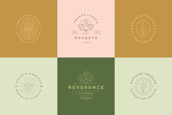 Logotipos de flores emblemas modelos de design conjunto com plantas botânicas e ilustrações vetoriais rosa estilo linear mínimo. — Vetor de Stock