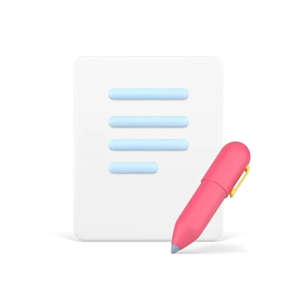 Ondertekend 3d document. Roze pen naast volumetrisch stuk papier met blauwe strepen tekst — Stockvector