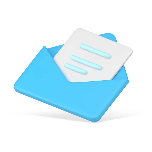 Documento in busta blu 3d aperta. Foglio bianco di carta con testo a strisce — Vettoriale Stock