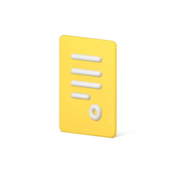 Documento amarillo 3d con sello. Hoja legal con franjas blancas de texto y sello redondo — Vector de stock