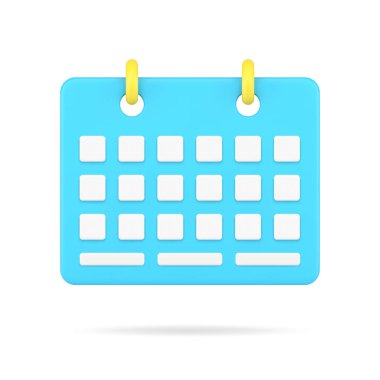 Masaüstü iş organizatörü 3D simgesi. Tarih hücreli mavi sayfa ve sarı ciltler