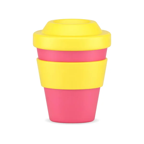 Taza de café 3d icono. Contenedor de cartón rojo con tapa y llanta amarillas — Vector de stock