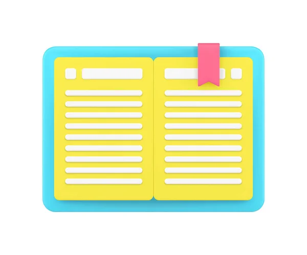 Aufgeschlagenes goldenes Buch 3D-Symbol. Notizbuch mit Einband und rotem Lesebändchen — Stockvektor
