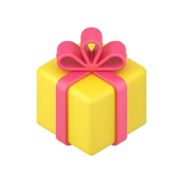 Oro caja cuadrada regalo 3d icono. Sorpresa festiva con cinta roja y lazo — Vector de stock