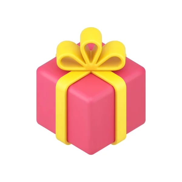 Piros négyzet doboz ajándék 3D ikon. Volumetrikus meglepetés sárga szalaggal és masnival — Stock Vector