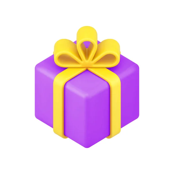 Purpurový dárek balení 3d ikona. Čtvercové překvapení se zlatou stuhou a mašlí — Stockový vektor