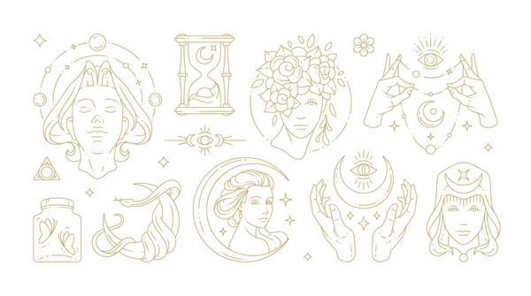 Волшебная женщина бохо векторные иллюстрации изящных женщин и эзотерические символы набор — стоковый вектор