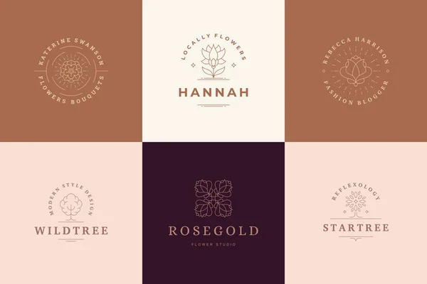 Logotipos de flores emblemas modelos de design conjunto com plantas botânicas e ilustrações vetoriais rosa estilo linear mínimo. — Vetor de Stock