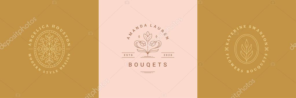 Botanical logos emblems design templates set with blossom flowers vector illustrations minimal line art style. Outline symbols for cosmetics and packaging or floral products branding