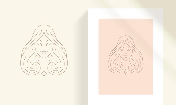 Beleza retrato feminino com cabelos longos linha arte estilo vetor ilustração. — Vetor de Stock