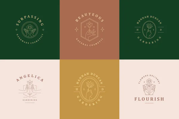 Logotipos femininos emblemas modelos de design conjunto com mãos femininas e flores ilustrações vetoriais estilo de arte linha mínima — Vetor de Stock