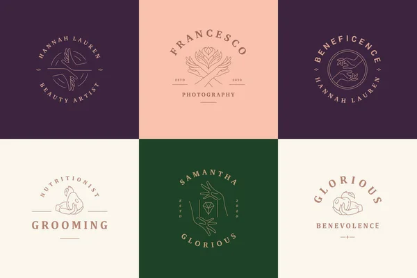 Logotipos femeninos emblemas plantillas de diseño conjunto con las manos femeninas gestos vectoriales ilustraciones línea mínima estilo de arte — Archivo Imágenes Vectoriales