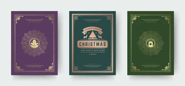 Tarjetas de felicitación navideñas diseño tipográfico vintage, adornos adornados símbolos con abeto, deseos de vacaciones de invierno — Vector de stock