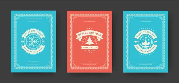 Navidad tarjetas de felicitación conjunto diseño tipográfico vintage, decoración adornada símbolos vector ilustración — Vector de stock