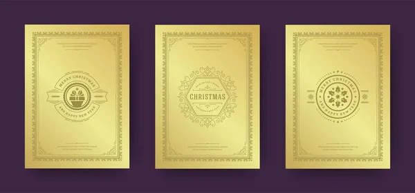 Diseño de tarjetas de felicitación de Navidad, símbolos decorativos adornados con caja de regalo, deseos de vacaciones de invierno tipografía vintage — Vector de stock