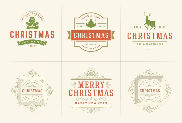 Étiquettes et badges décorés vectoriels de Noël sertis de vœux de bonne année typographie pour cartes de vœux — Image vectorielle