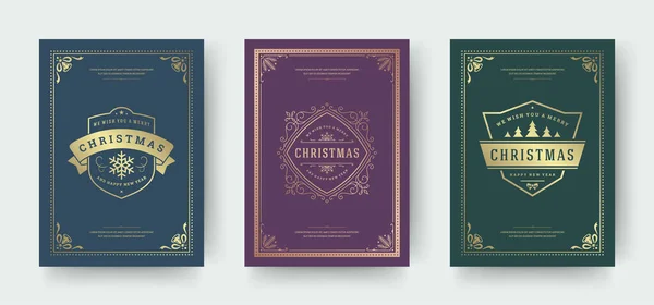 Weihnachtsgrußkarten Vintage typografisches Design, verzierte Dekorationssymbole mit Schneeflocke, Winterurlaubswünsche — Stockvektor