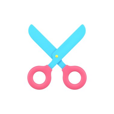 Kırtasiye makası 3D simgesi. Kağıt ve kumaş kesmek için kırmızı saplı keskin bir araçName