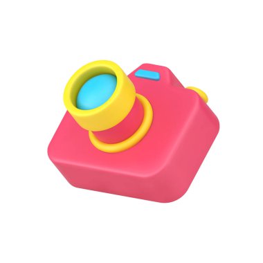 Klasik fotoğraf makinesi 3D simgesi. Lens ve düğmeli kırmızı aygıt