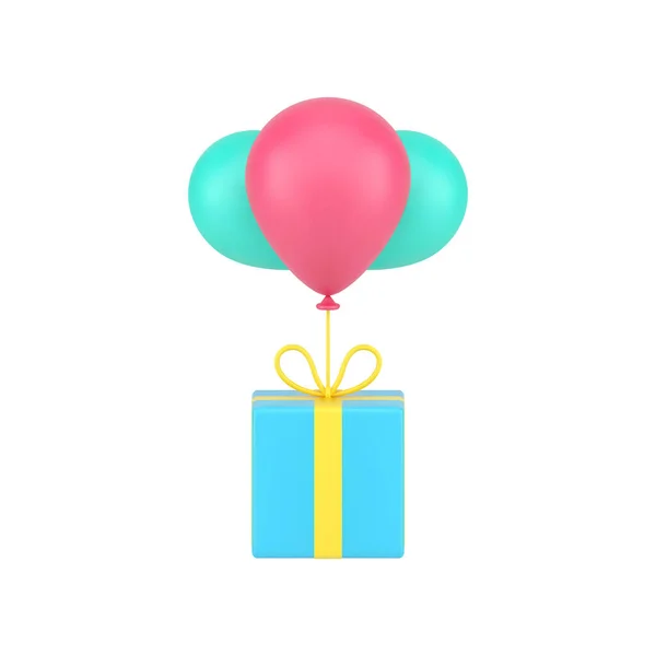 Modrý prázdninový box na balónech 3d ikona. Objemový dárek letí na barevných balónech — Stockový vektor