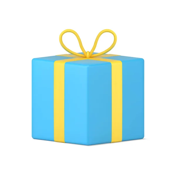 Ícone 3D presente feriado azul. Caixa realista com fitas amarelas e arco na tampa —  Vetores de Stock