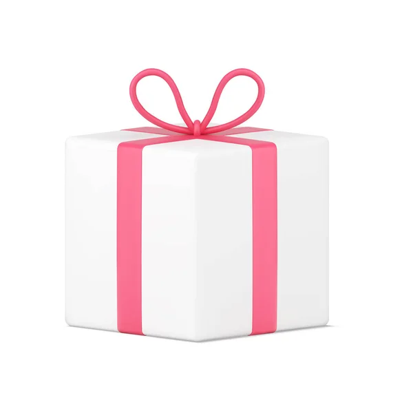 White Geschenk-Box 3D-Symbol. Volumetrische Verpackung mit rosa Bändern und Schleife — Stockvektor