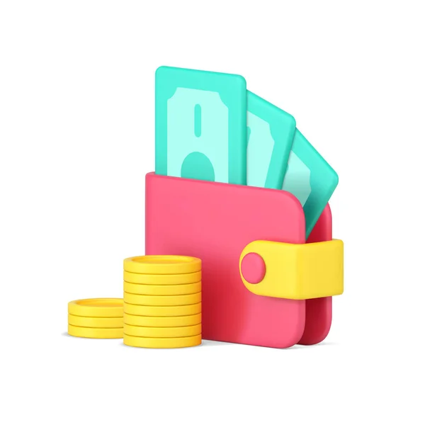 Roze portemonnee met bankbiljetten en gele munten 3d pictogram — Stockvector
