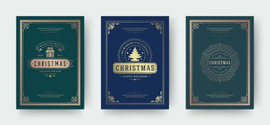 Noel tebrik kartları vintage tipografik tasarım, köknar ağacı ile süslü süslemeler semboller, kış tatili dilek