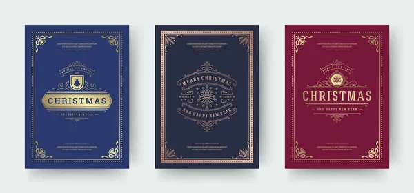 Weihnachtsgrußkarten Vintage typografisches Design, verzierte Dekorationssymbole mit Schneeflocke, Winterurlaubswünsche — Stockvektor