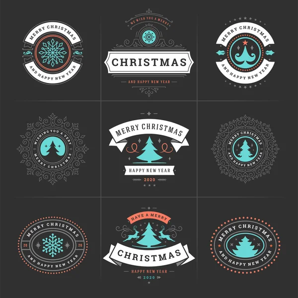 Christmas vector ornate labels and badges set with happy new year holidays wishes typography for greeting cards — Stock Vector