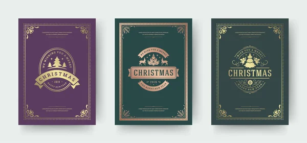 Cartões de Natal conjunto com design tipográfico vintage decoração ornamentada — Vetor de Stock