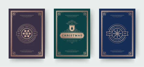 Conjunto de tarjetas de felicitación navideñas con decoración ornamentada de diseño tipográfico vintage — Vector de stock