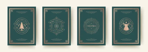 Kerstkaarten set vintage design, sierlijke decoratie symbolen en wintervakantie wensen vector illustratie — Stockvector