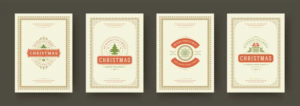 Tarjetas de Navidad conjunto vintage diseño tipográfico adornado decoraciones símbolos con vacaciones de invierno deseo vector ilustración — Vector de stock