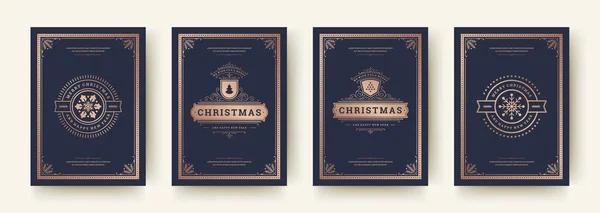 Weihnachtsgrußkarten set vintage design, kunstvolle dekoration symbole und winterferien wünsche vektorillustration — Stockvektor