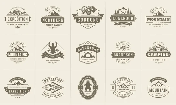 Camping logos and badges templates vector design elements and silhouettes set — Stock Vector