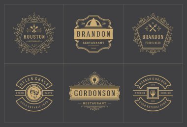 Restoran logoları, vektör illüstrasyonunu menü etiketleri ve kafe rozetleri için iyi ayarlar. Klasik tipografi dekorasyonu tasarım elementleri ve sembolleri.