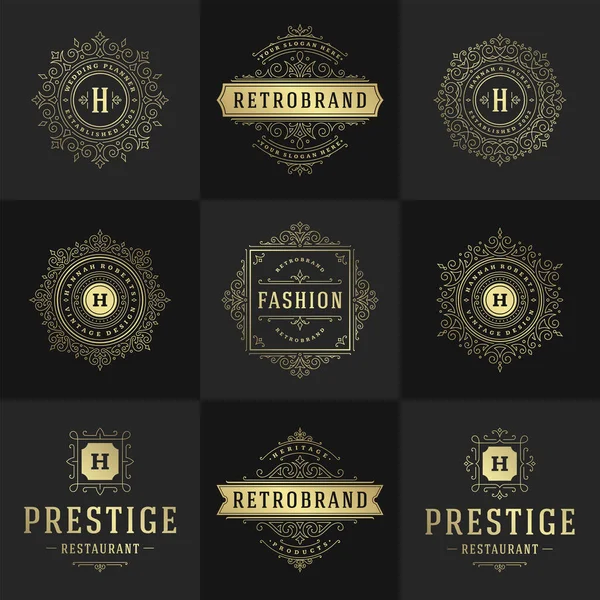 Vintage logo 's en monogrammen set elegant bloeit lijn kunst sierlijke ornamenten victoriaanse stijl vector template ontwerp — Stockvector