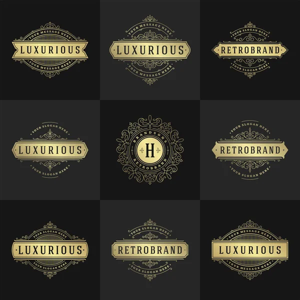 Logotipos vintage e monogramas definir elegante floresce linha arte ornamentos graciosos estilo vitoriano modelo vetorial design — Vetor de Stock