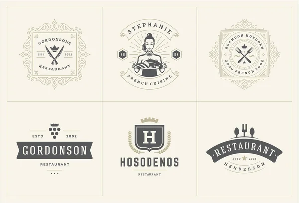 Restaurant Logos Templates Set Vector Illustration Good Menu Labels Cafe — Vetor de Stock