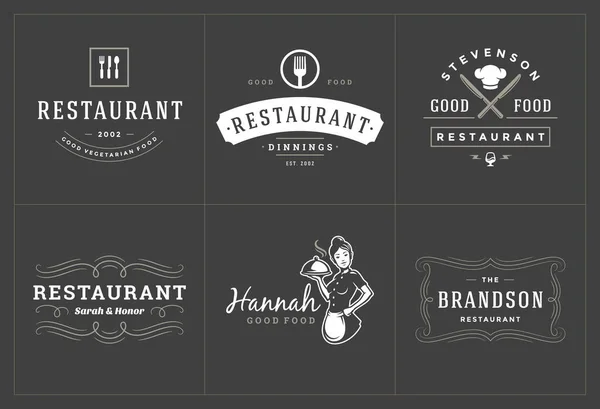 レストランのロゴテンプレートは メニューラベルやカフェバッジのためのベクトルイラストを設定します ヴィンテージタイポグラフィの装飾デザイン要素とシンボル — ストックベクタ
