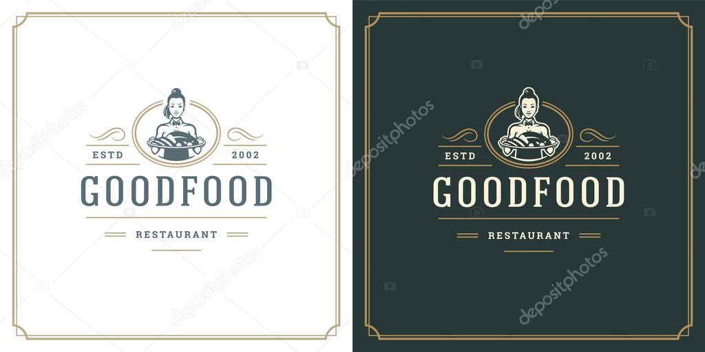 Restaurant logo design vector illustration waitress holding dish plate silhouette, good for restaurant menu and cafe badge. Vintage typography emblem with decoration and symbols.